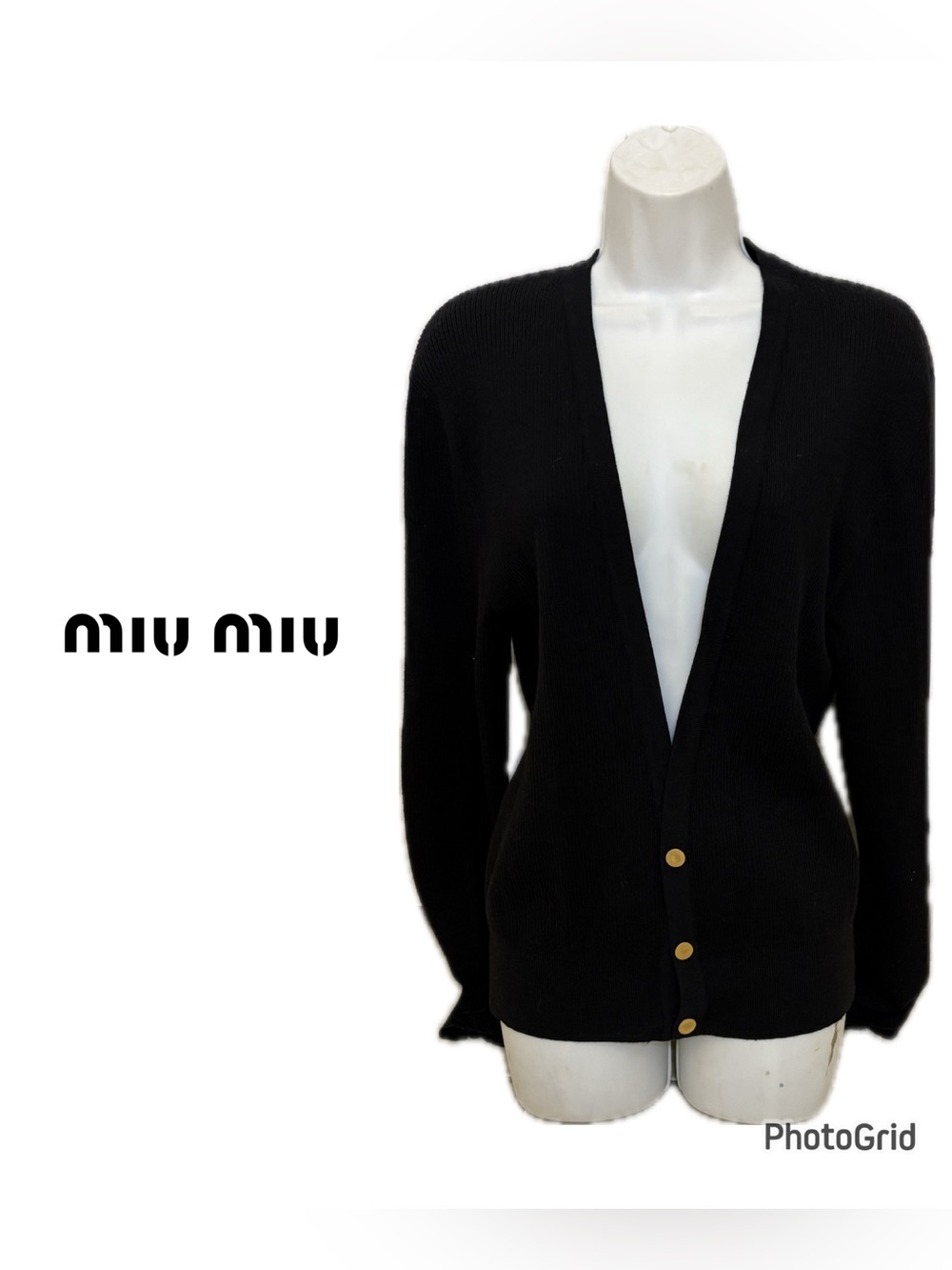 Miu Miu Black V‑Neck Ribbed Cardigan with Gold Buttons